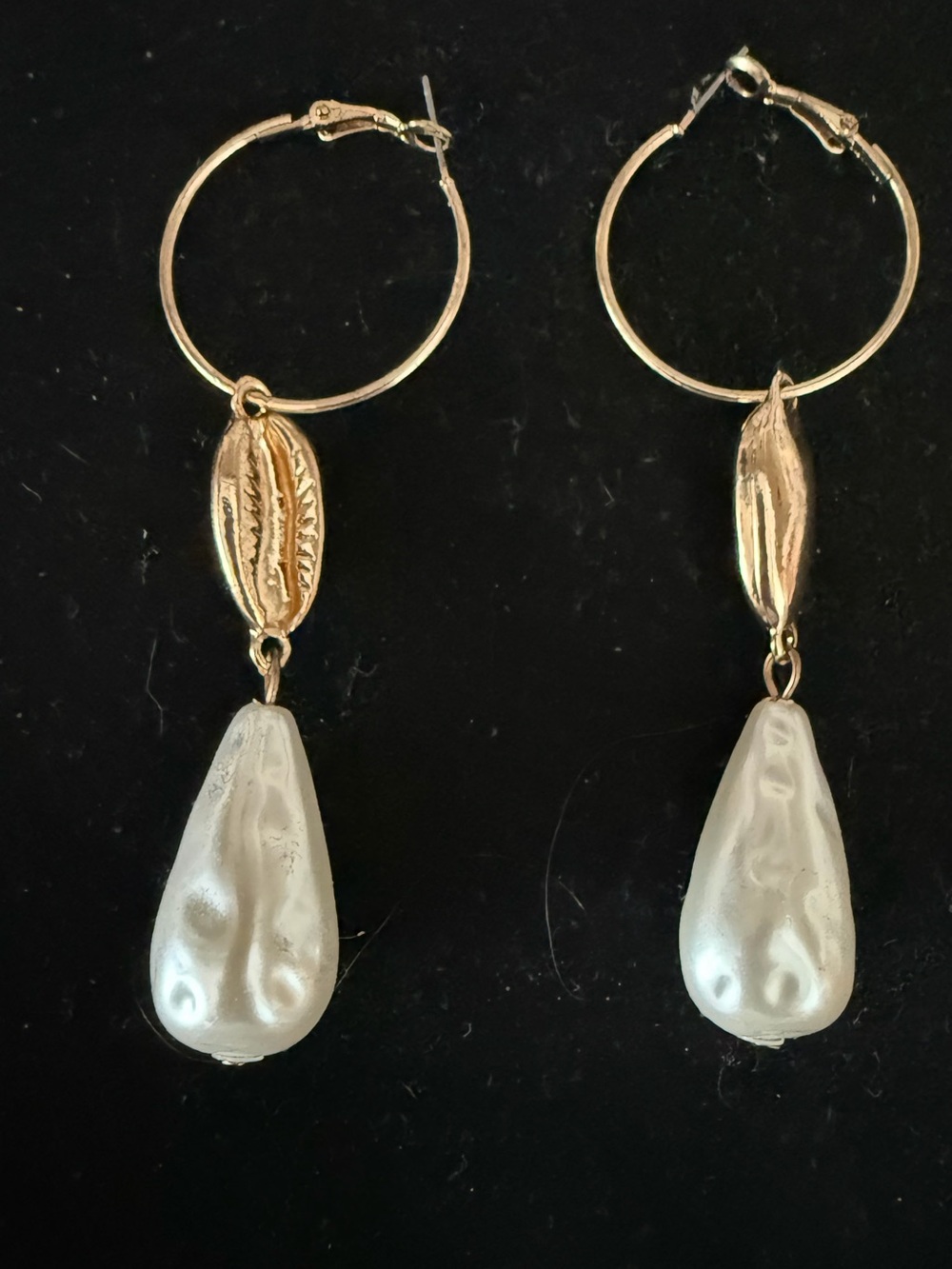 Gold Hoop Earrings with Pearl Teardrop Dangles